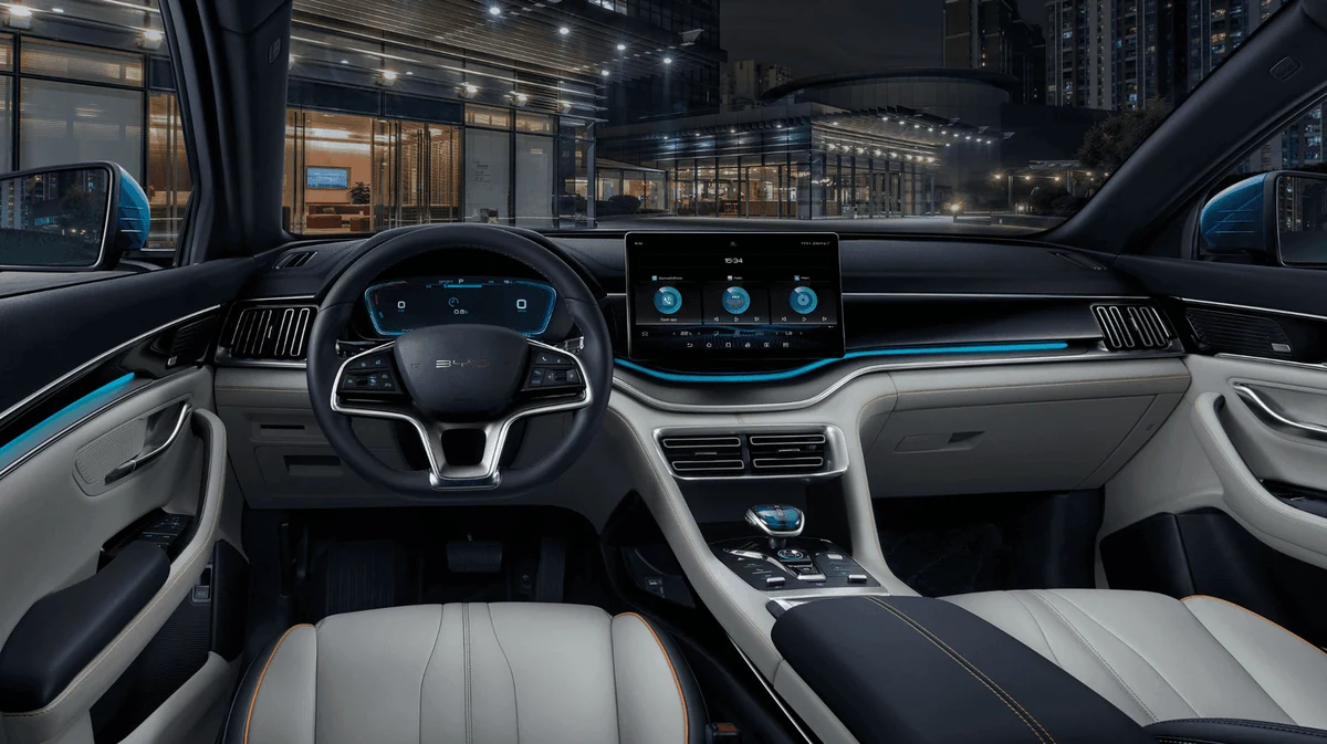 Interior of the 2025 BYD Song Plus used by Transparent Rentals in Accra, dashboard view showing the 15.6-inch rotating touchscreen, illuminated ambient lighting, and cream leather seating for car hire with a professional driver
